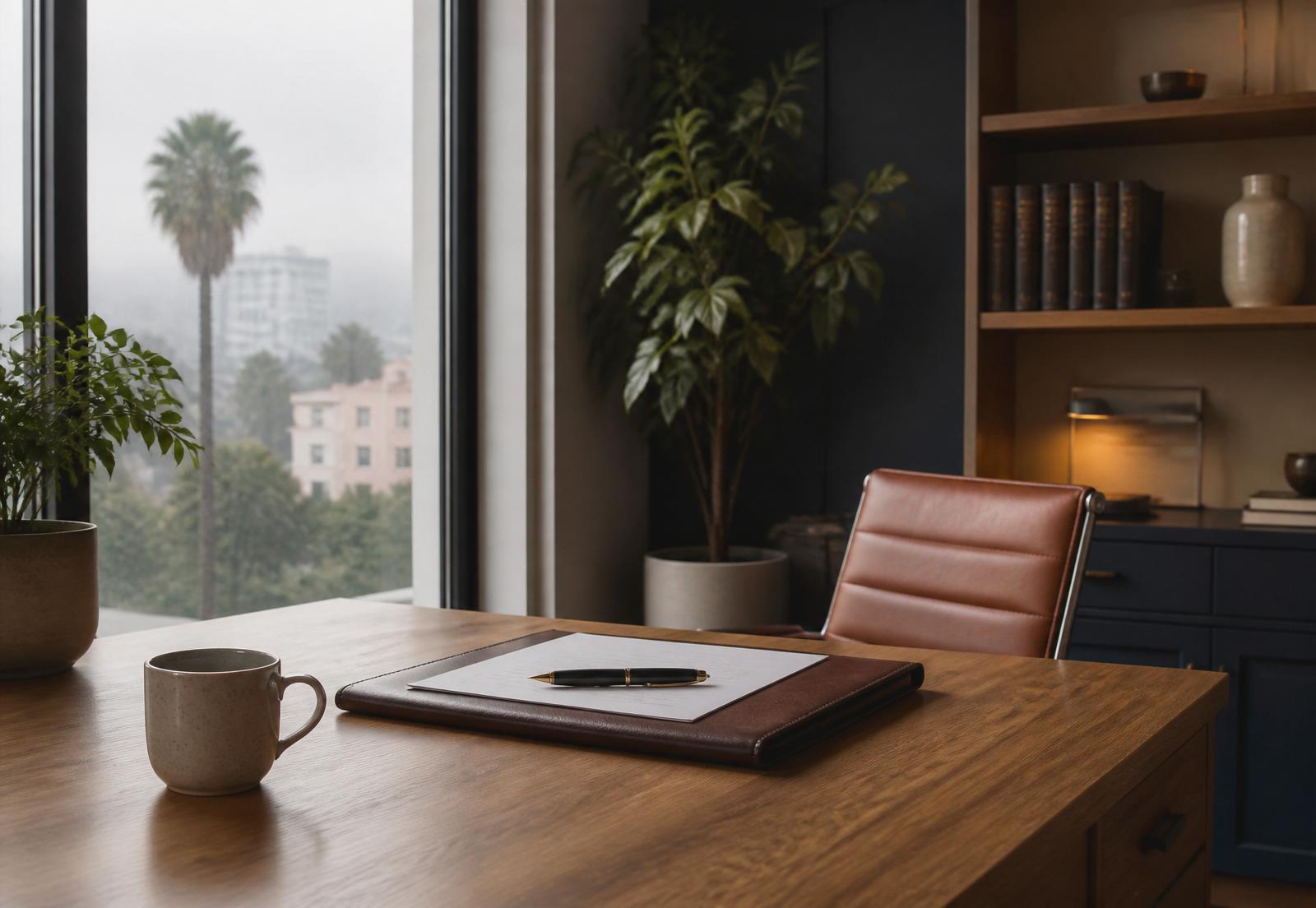 Jerry Mok's San Mateo CPA office — warm oak desk near a fog-lit window